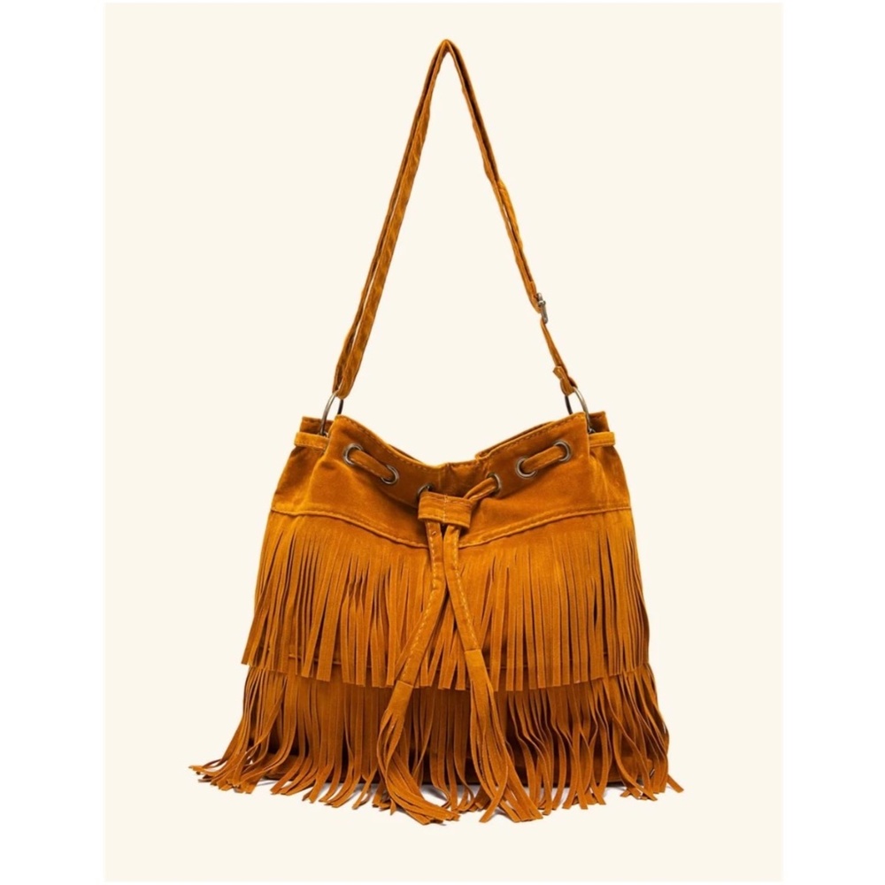 Bohemian Fringe Drawstring Crossbody Tote Bag - Picture 1 of 9